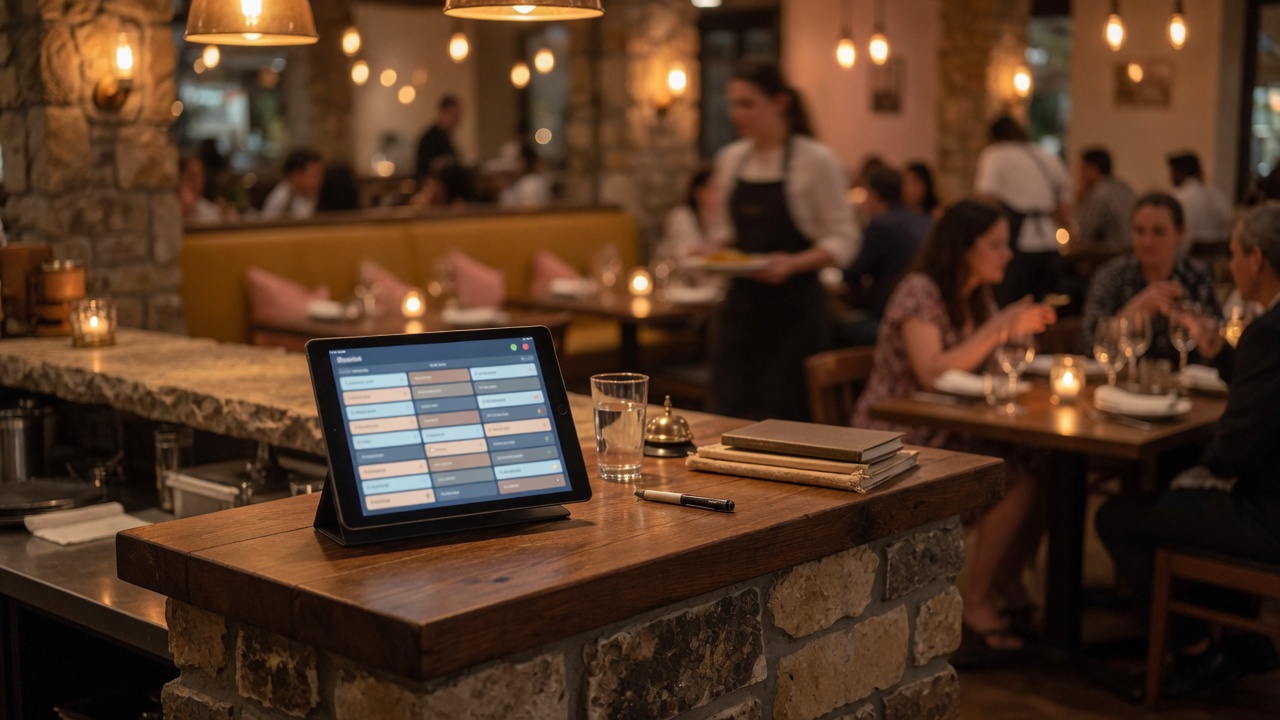 Host stand with waitlist tablet during service